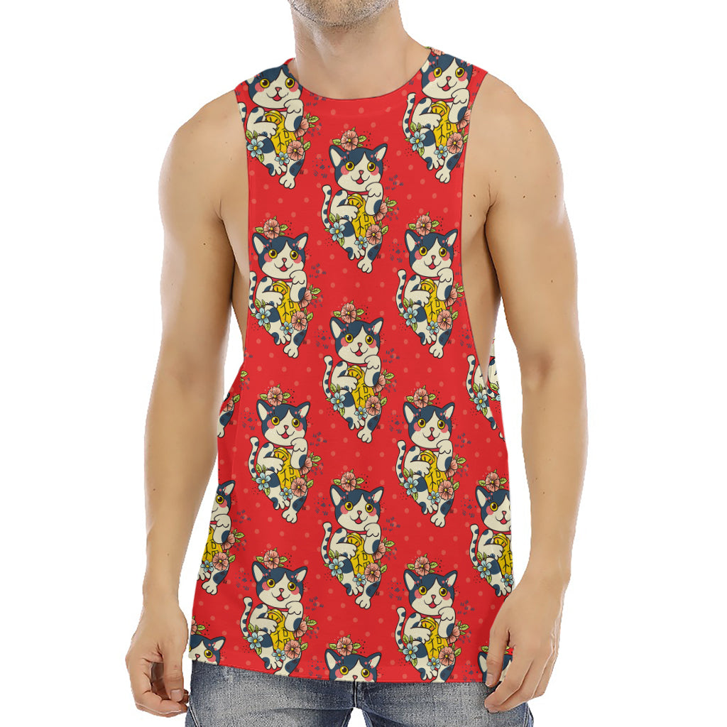 Japanese Cat Maneki Neko Pattern Print Men's Muscle Tank Top