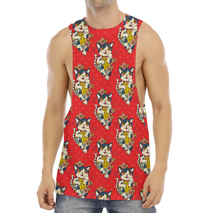 Japanese Cat Maneki Neko Pattern Print Men's Muscle Tank Top