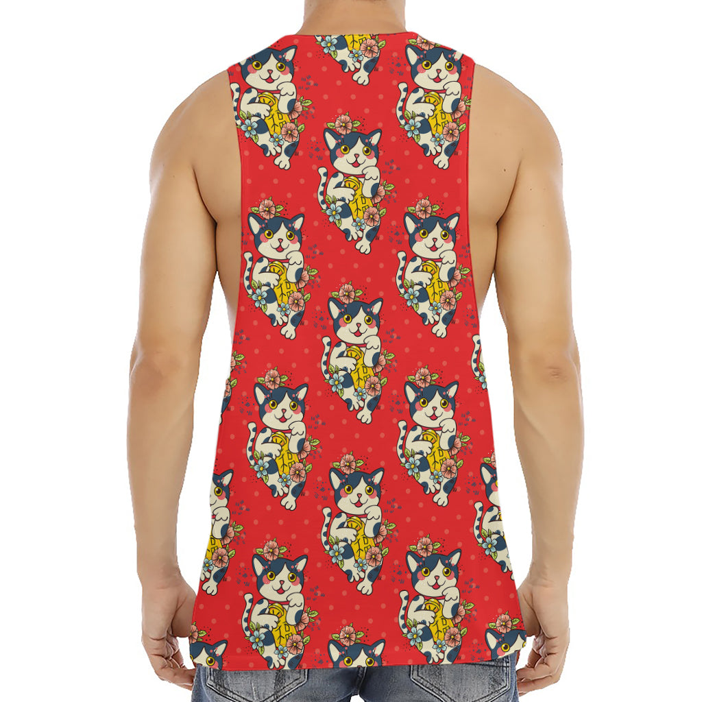 Japanese Cat Maneki Neko Pattern Print Men's Muscle Tank Top