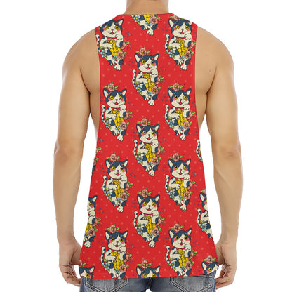 Japanese Cat Maneki Neko Pattern Print Men's Muscle Tank Top