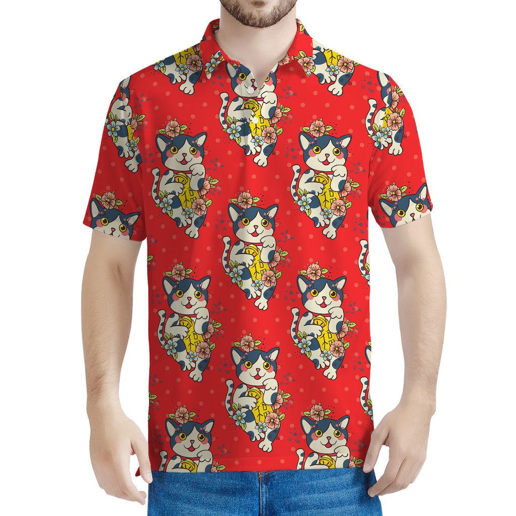 Japanese Cat Maneki Neko Pattern Print Men's Polo Shirt
