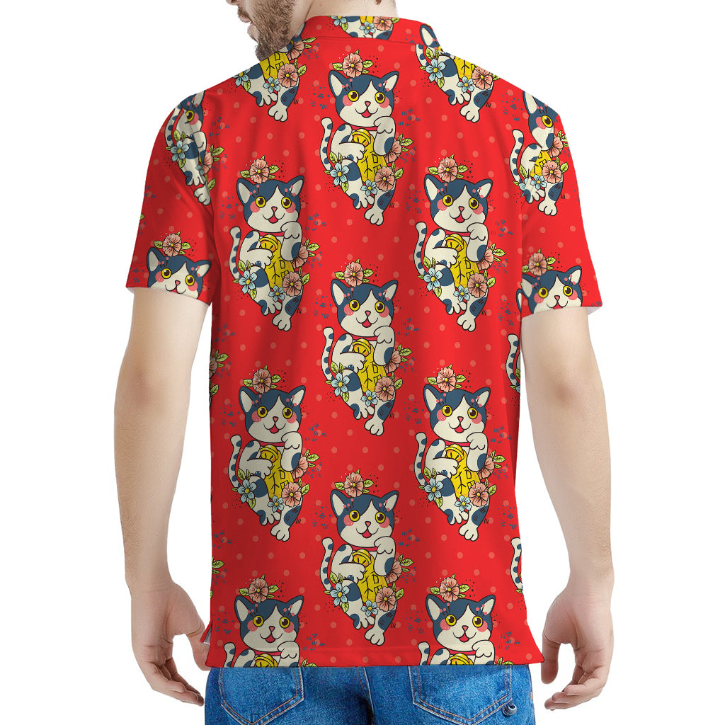 Japanese Cat Maneki Neko Pattern Print Men's Polo Shirt