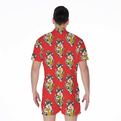 Japanese Cat Maneki Neko Pattern Print Men's Rompers