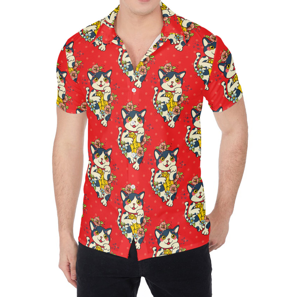 Japanese Cat Maneki Neko Pattern Print Men's Shirt
