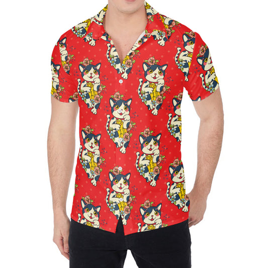 Japanese Cat Maneki Neko Pattern Print Men's Shirt