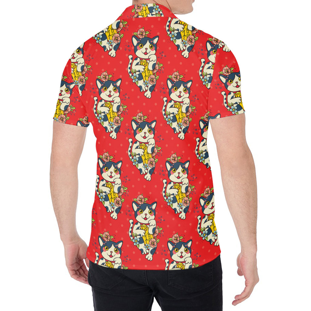 Japanese Cat Maneki Neko Pattern Print Men's Shirt