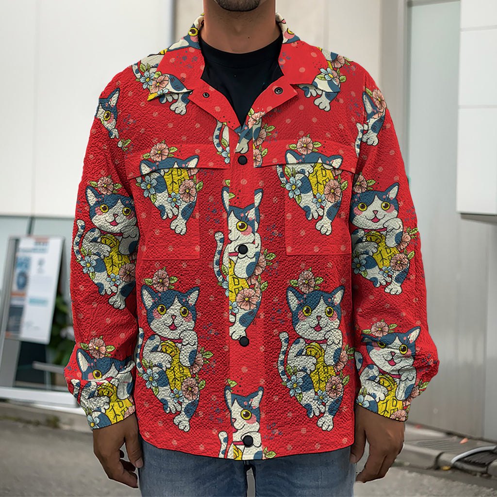Japanese Cat Maneki Neko Pattern Print Men's Shirt Jacket