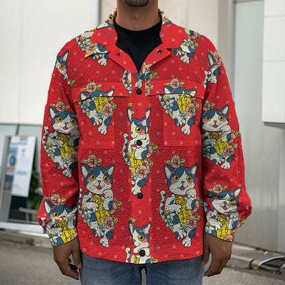 Japanese Cat Maneki Neko Pattern Print Men's Shirt Jacket