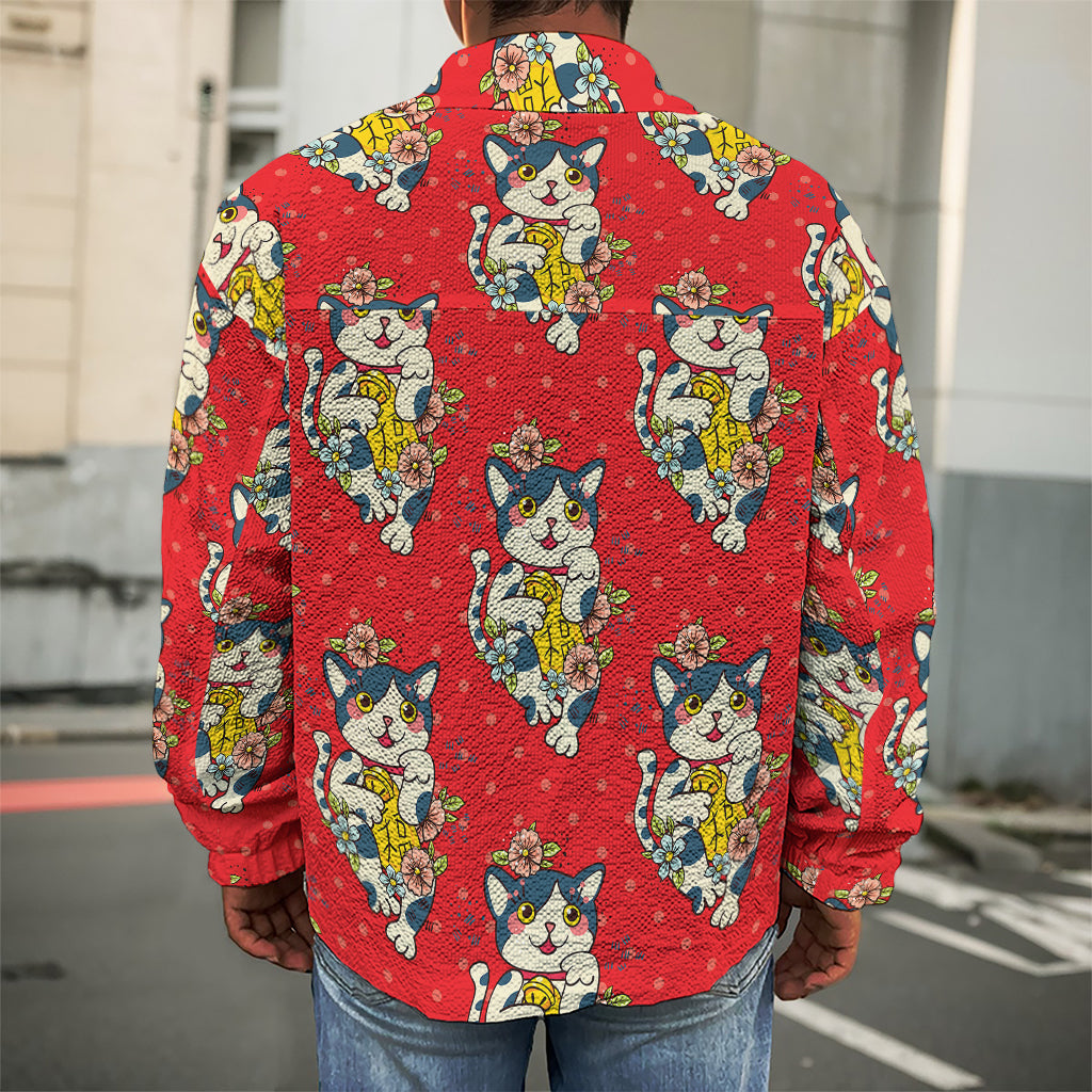 Japanese Cat Maneki Neko Pattern Print Men's Shirt Jacket