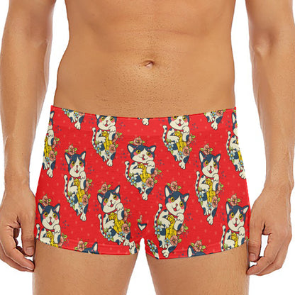 Japanese Cat Maneki Neko Pattern Print Men's Short Boxer Briefs