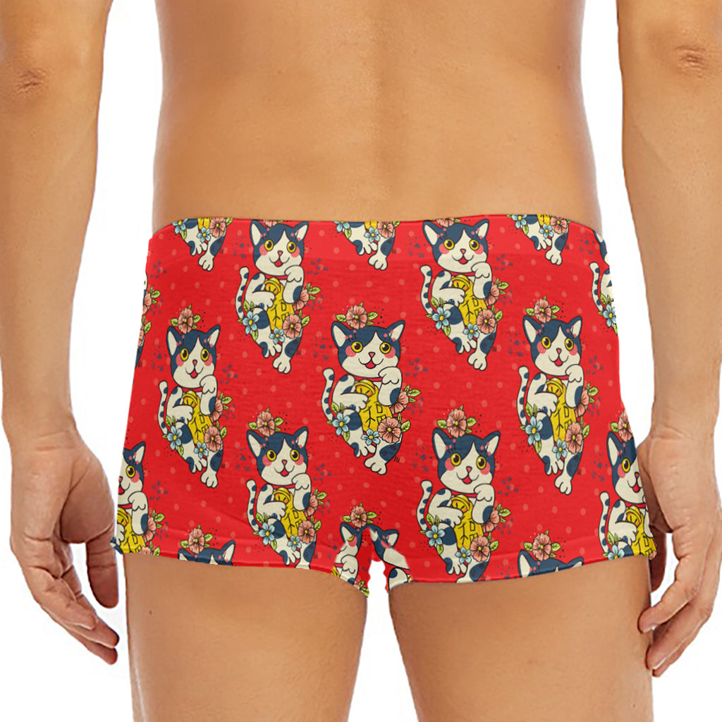 Japanese Cat Maneki Neko Pattern Print Men's Short Boxer Briefs