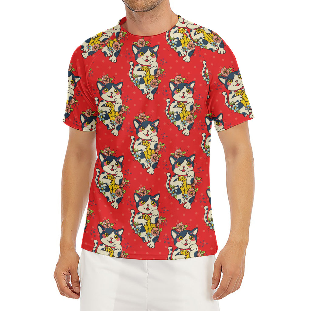 Japanese Cat Maneki Neko Pattern Print Men's Short Sleeve Rash Guard