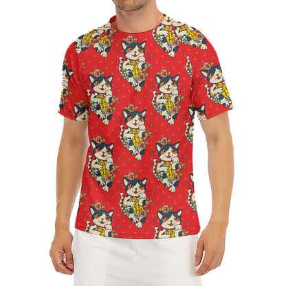 Japanese Cat Maneki Neko Pattern Print Men's Short Sleeve Rash Guard