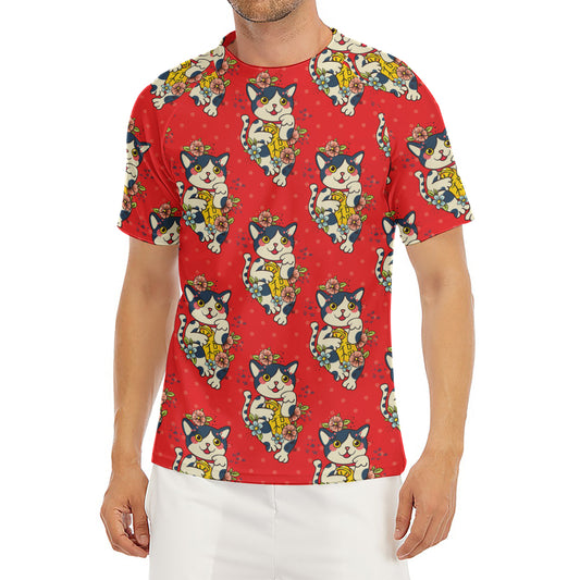 Japanese Cat Maneki Neko Pattern Print Men's Short Sleeve Rash Guard