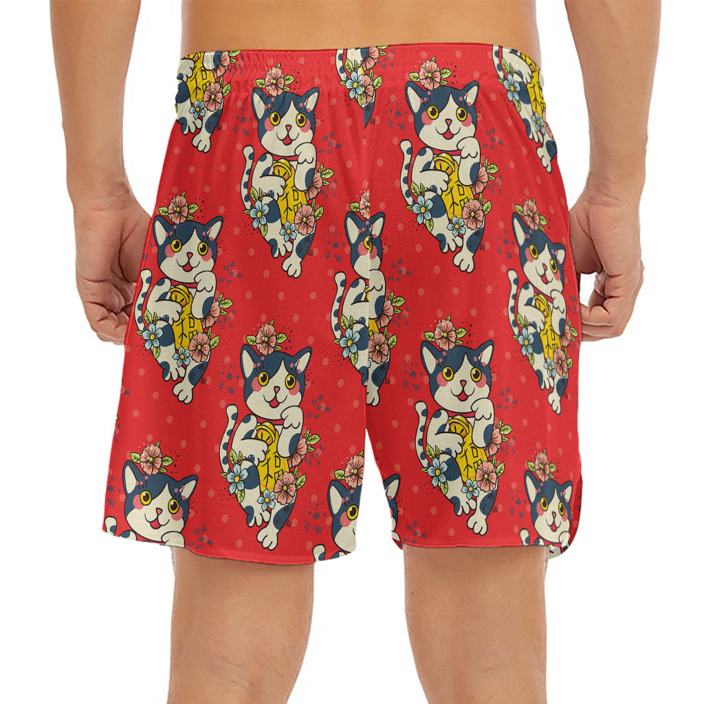 Japanese Cat Maneki Neko Pattern Print Men's Split Running Shorts