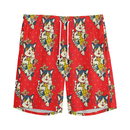 Japanese Cat Maneki Neko Pattern Print Men's Sports Shorts
