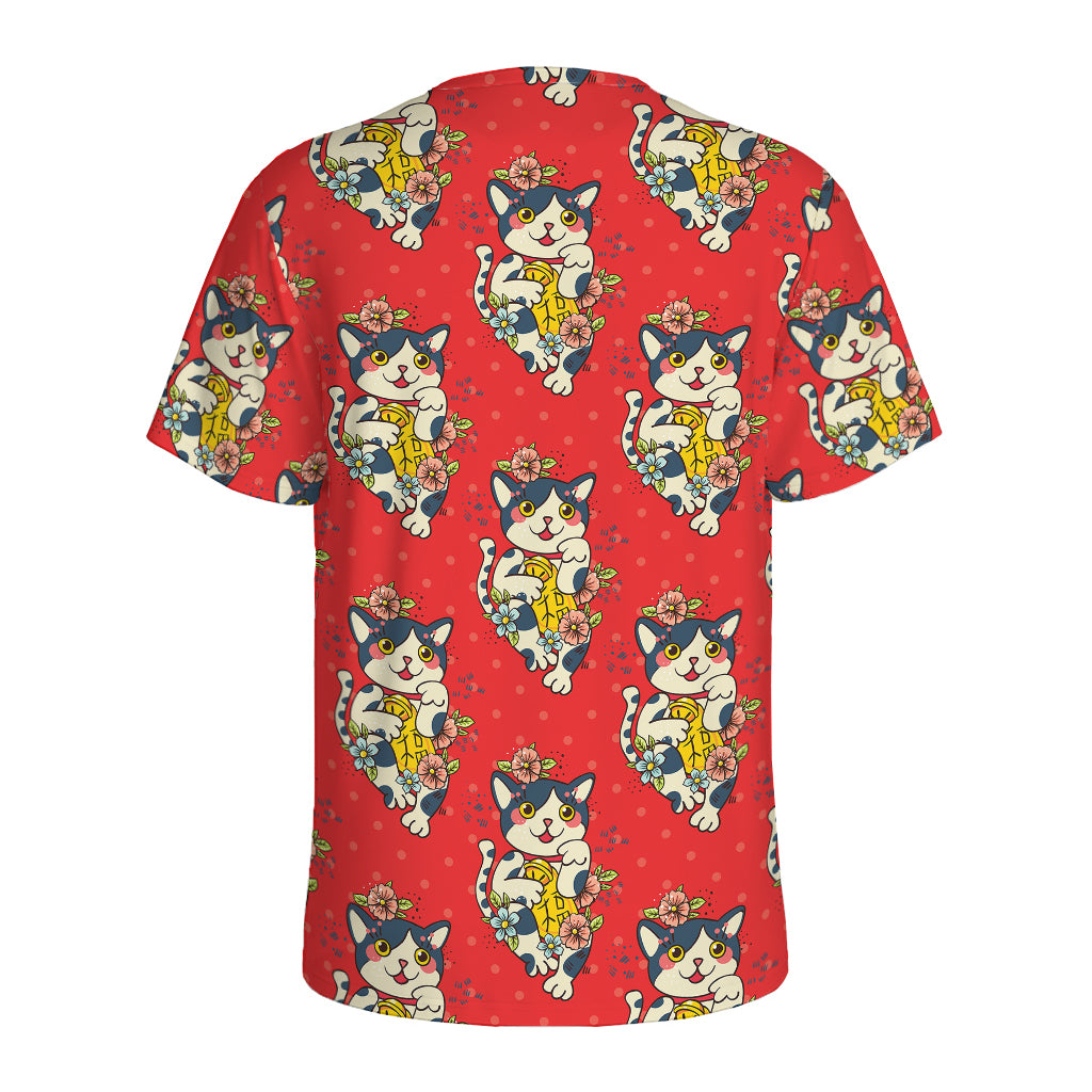 Japanese Cat Maneki Neko Pattern Print Men's Sports T-Shirt