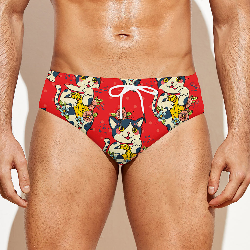 Japanese Cat Maneki Neko Pattern Print Men's Swim Briefs