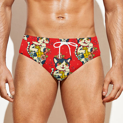 Japanese Cat Maneki Neko Pattern Print Men's Swim Briefs