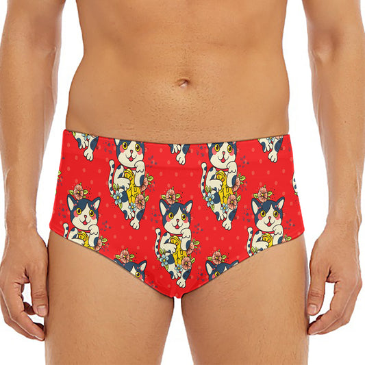 Japanese Cat Maneki Neko Pattern Print Men's Triangle Swim Briefs