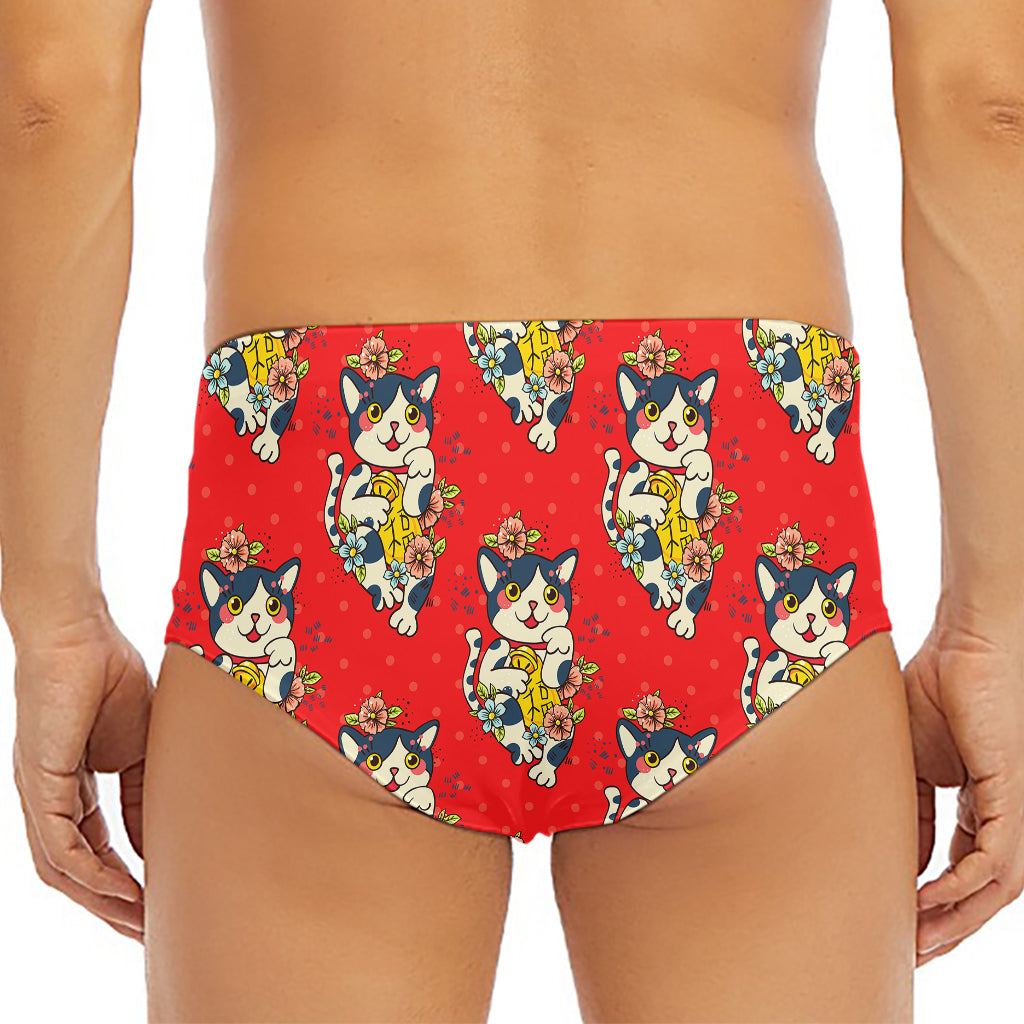 Japanese Cat Maneki Neko Pattern Print Men's Triangle Swim Briefs