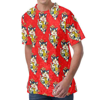 Japanese Cat Maneki Neko Pattern Print Men's Velvet T-Shirt