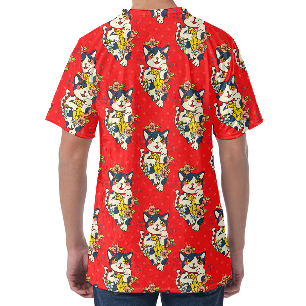 Japanese Cat Maneki Neko Pattern Print Men's Velvet T-Shirt