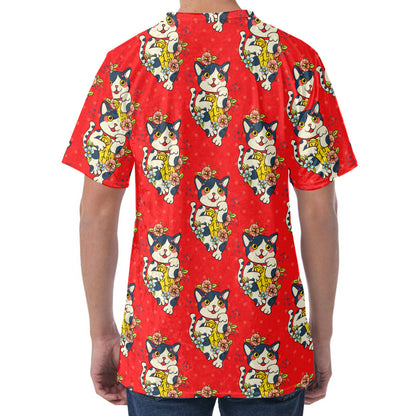 Japanese Cat Maneki Neko Pattern Print Men's Velvet T-Shirt