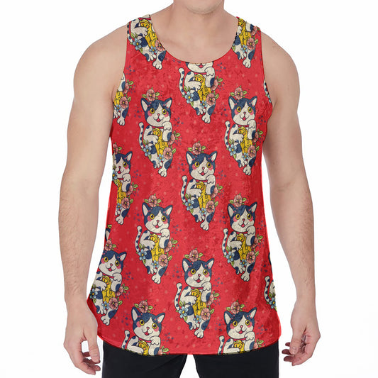 Japanese Cat Maneki Neko Pattern Print Men's Velvet Tank Top