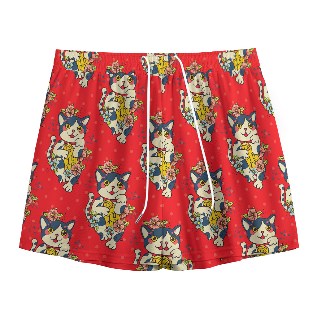 Japanese Cat Maneki Neko Pattern Print Mesh Shorts