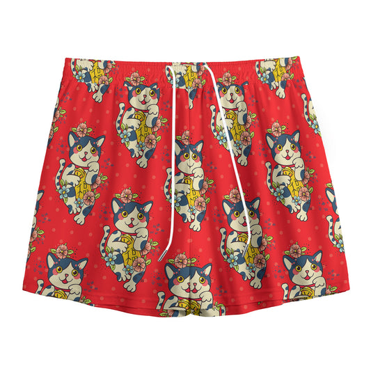 Japanese Cat Maneki Neko Pattern Print Mesh Shorts
