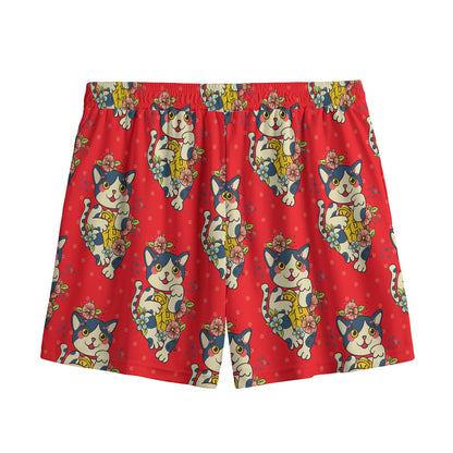 Japanese Cat Maneki Neko Pattern Print Mesh Shorts