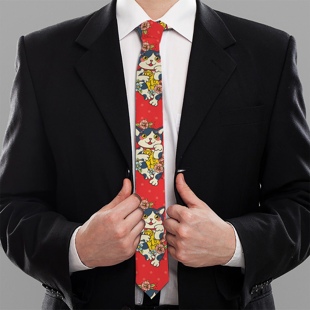 Japanese Cat Maneki Neko Pattern Print Necktie