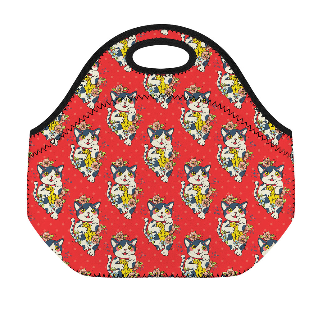 Japanese Cat Maneki Neko Pattern Print Neoprene Lunch Bag