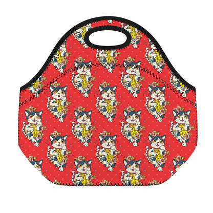 Japanese Cat Maneki Neko Pattern Print Neoprene Lunch Bag