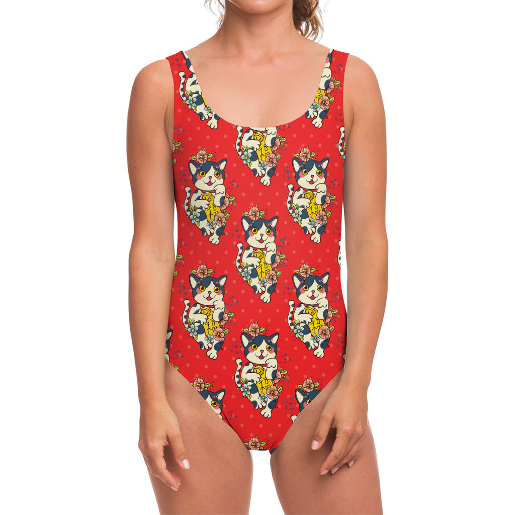 Japanese Cat Maneki Neko Pattern Print One Piece Swimsuit