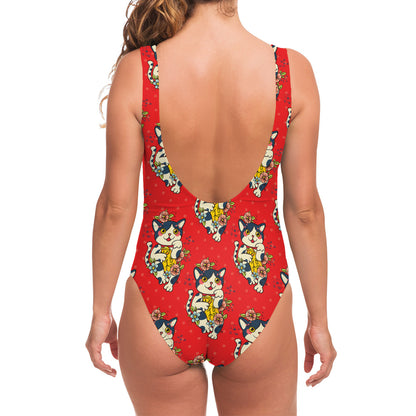 Japanese Cat Maneki Neko Pattern Print One Piece Swimsuit