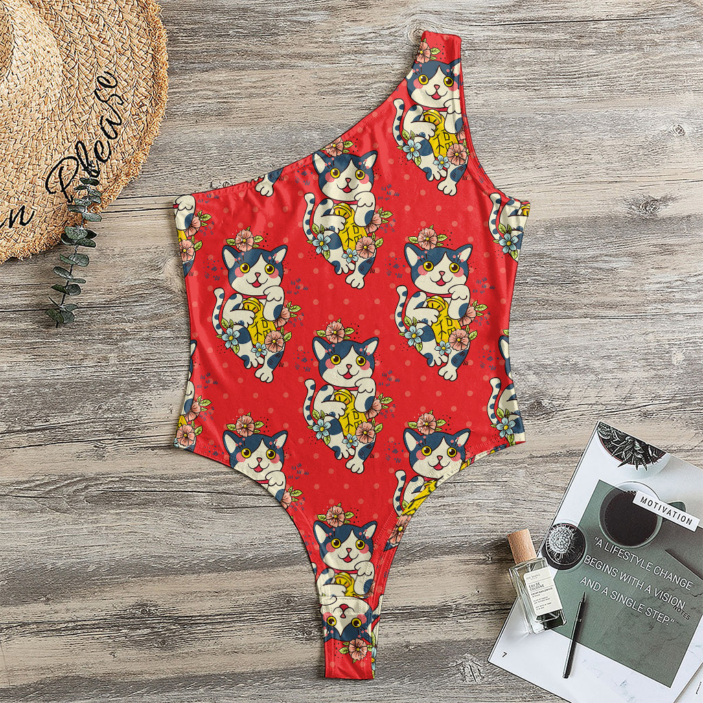 Japanese Cat Maneki Neko Pattern Print One Shoulder Bodysuit