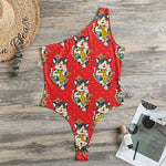 Japanese Cat Maneki Neko Pattern Print One Shoulder Bodysuit