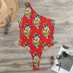 Japanese Cat Maneki Neko Pattern Print One Shoulder Bodysuit