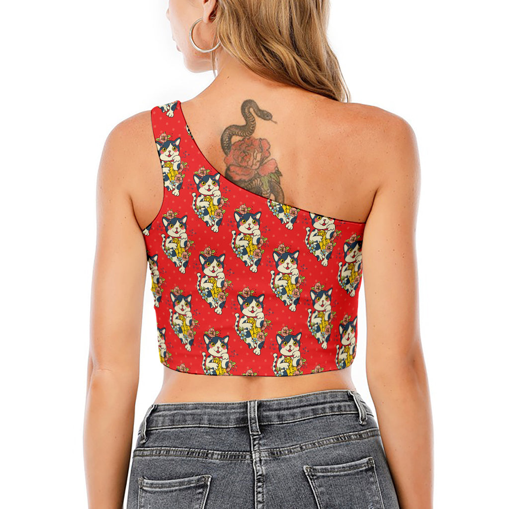 Japanese Cat Maneki Neko Pattern Print One Shoulder Crop Top