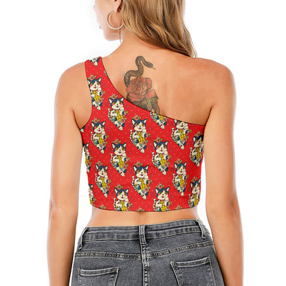 Japanese Cat Maneki Neko Pattern Print One Shoulder Crop Top
