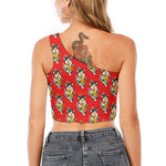 Japanese Cat Maneki Neko Pattern Print One Shoulder Crop Top