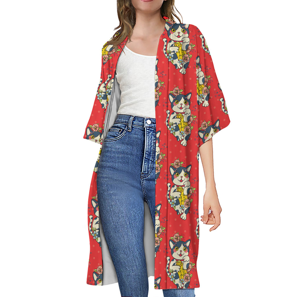Japanese Cat Maneki Neko Pattern Print Open Front Beach Cover Up
