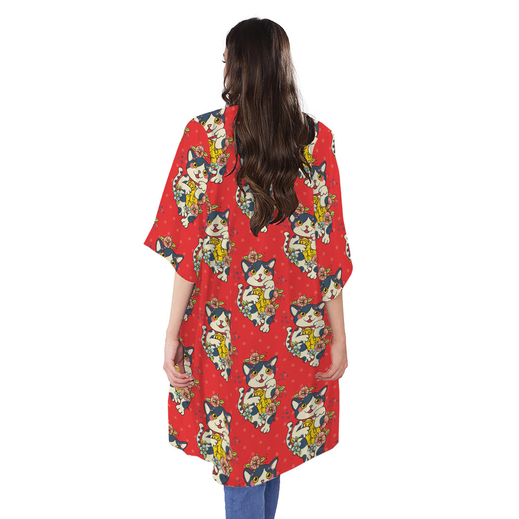Japanese Cat Maneki Neko Pattern Print Open Front Beach Cover Up