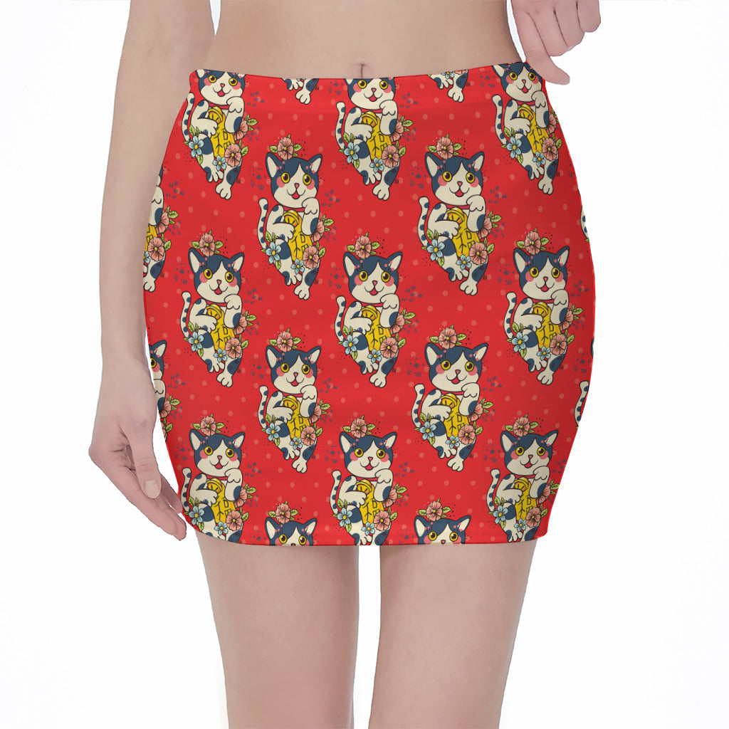 Japanese Cat Maneki Neko Pattern Print Pencil Mini Skirt
