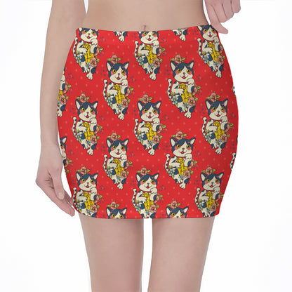 Japanese Cat Maneki Neko Pattern Print Pencil Mini Skirt