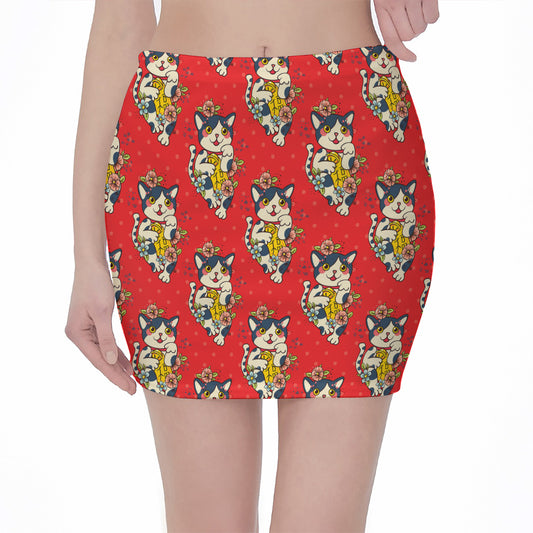 Japanese Cat Maneki Neko Pattern Print Pencil Mini Skirt