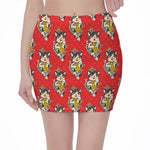 Japanese Cat Maneki Neko Pattern Print Pencil Mini Skirt
