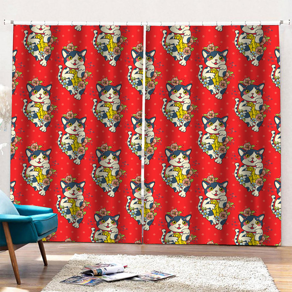 Japanese Cat Maneki Neko Pattern Print Pencil Pleat Curtains